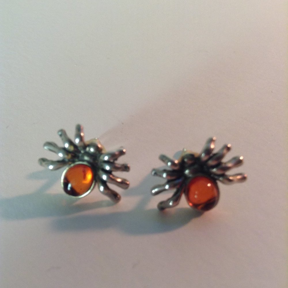 Amber and Silver Spider earrings